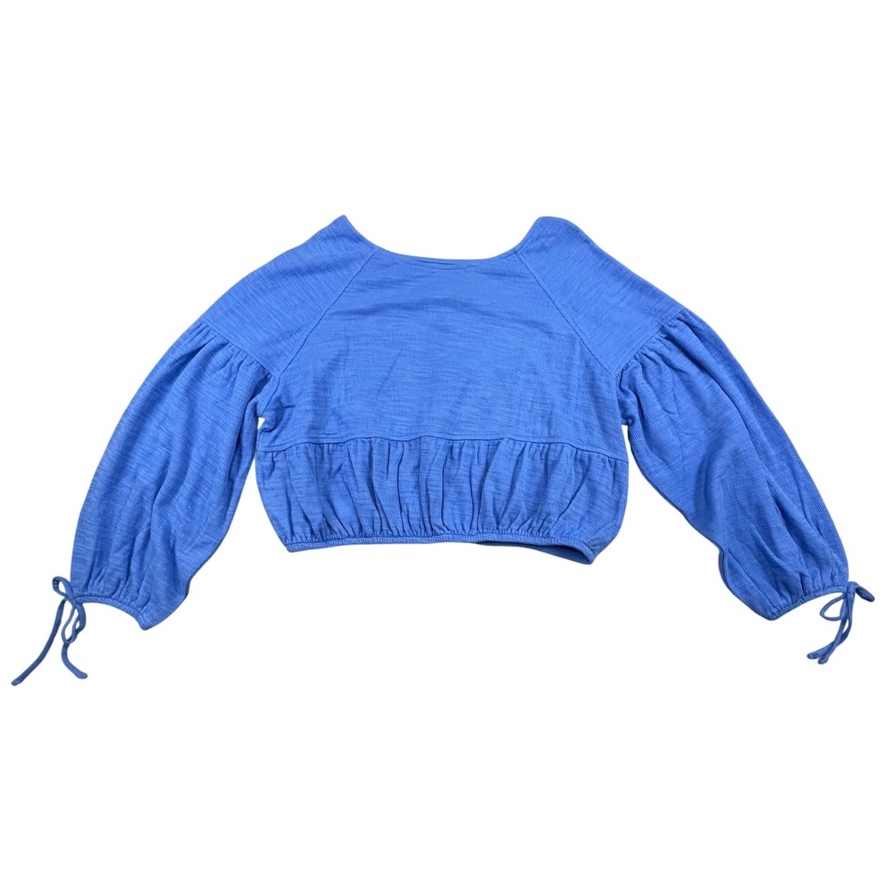 NWT Aerie Blue Textured Slub Knit Cropped Peplum Balloon Sleeve Top Small